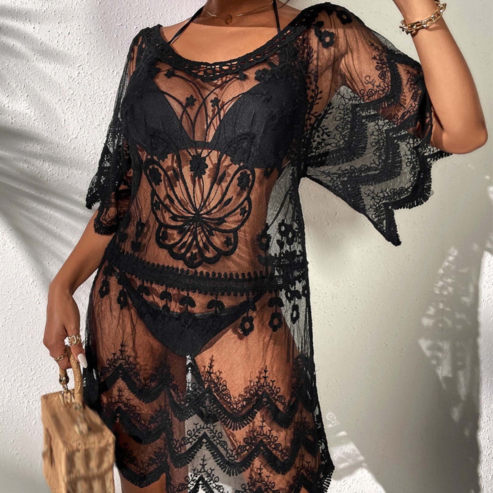 nsendm Female Swimwear Adult Girls Cover up Womens Beach Cover Ups Loose Mid Length Dresses Water Soluble Lace Shirt Womens plus Size Swim Black One Size Walmart