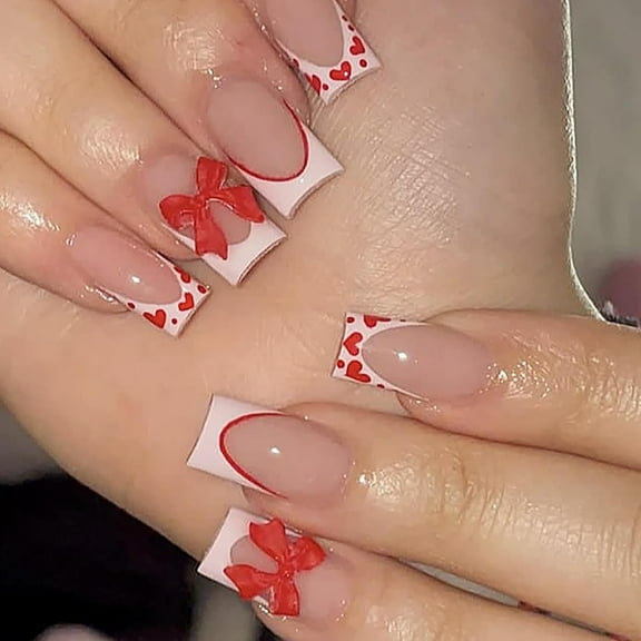 Cute Medium Press on Nails Square French Tip Fake Nails Red Full Cover False Nails with Bow Pearls Designs Glossy Glue on Nails Stick on Nails Handmade Acrylic Nails for Women Girls 24Pcs s24 24
