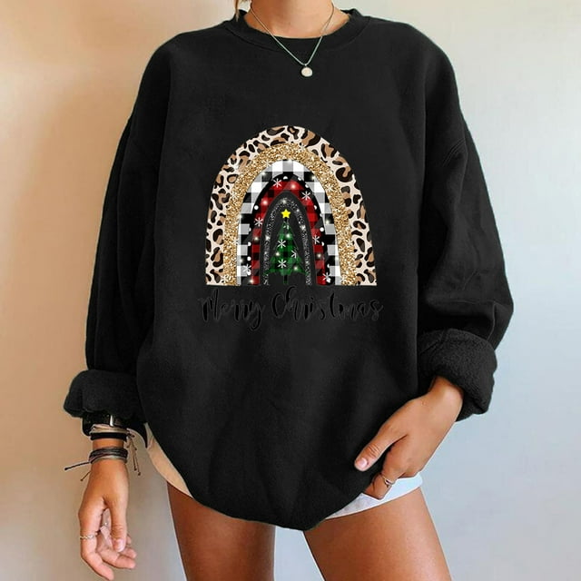 Vêtements d'Automne pour Femmes Mode Femmes Décontracté Imprimé Col Rond Manches Longues T-Shirt Ample Blouse d'Automne Chandail Sans Capuche Chandail en Molleton Tenue Filles en Liquidation