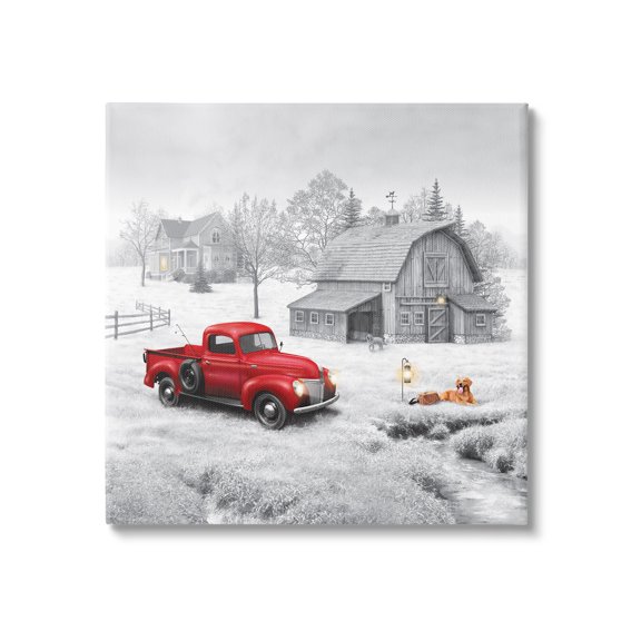 Stupell Industries Red Truck at Barn Transportation Painting Gallery Wrapped Canvas Print Wall Art, 17 x 17