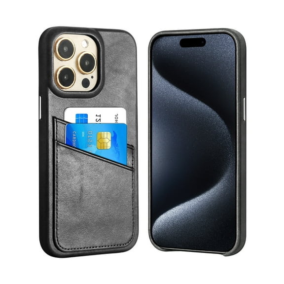 Luckycoin Leather Case for iPhone 15 Pro Max Protective Phone Cover with ID Credit Card Holder Slots - Black