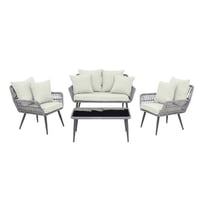 Portofino Rope Wicker Patio Conversation Set with Cushions, Cream & Gray - 4 Piece
