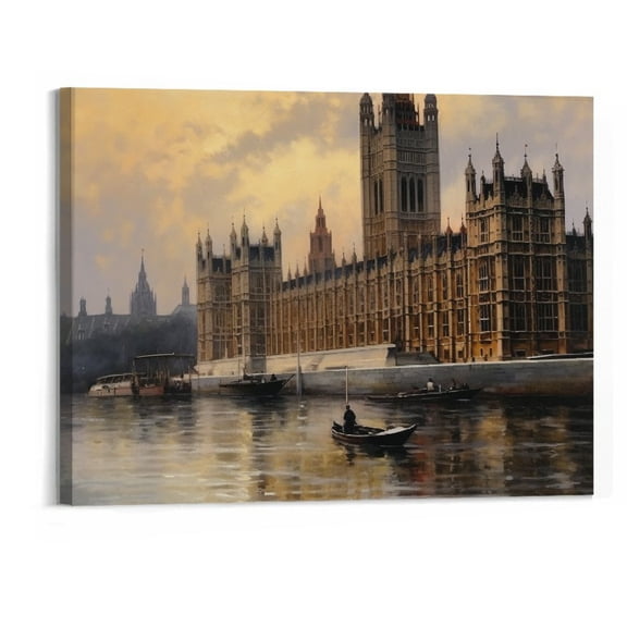Shiartex  Framed Canvas Vintage Wall Art Print Home Decor, London Tower Lake View Modern Canvas Wall Art Classic River Oil Painting Prints for Bedroom,Office Hallway Decor-20x16 Inch