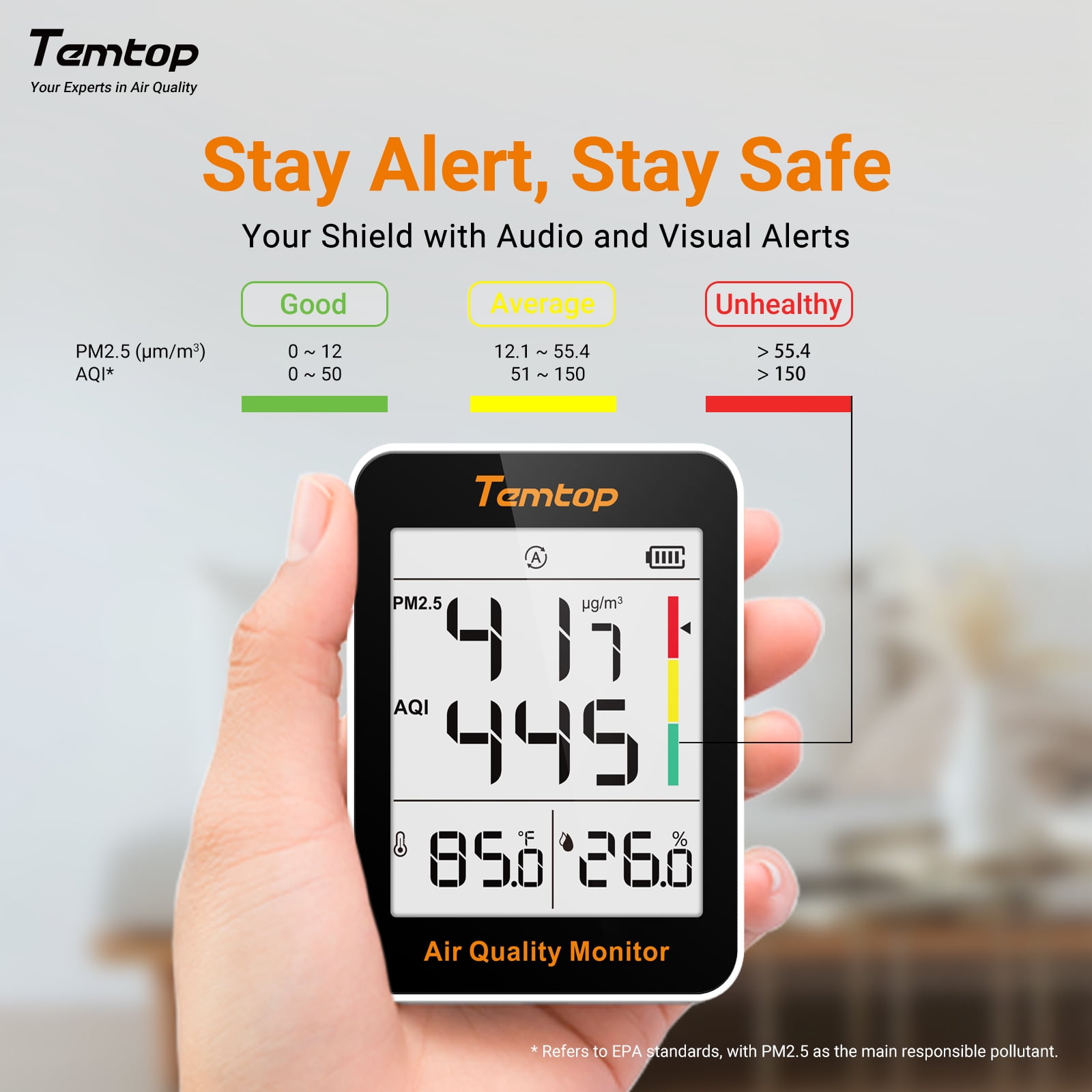 Temtop S1-UP Air Quality Monitor Indoor Thermo-Hygrometer - PM2.5, AQI, Temperature, and Humidity Meter for Home, Office, or School, Air Quality Measurement, 60-Day Battery Life