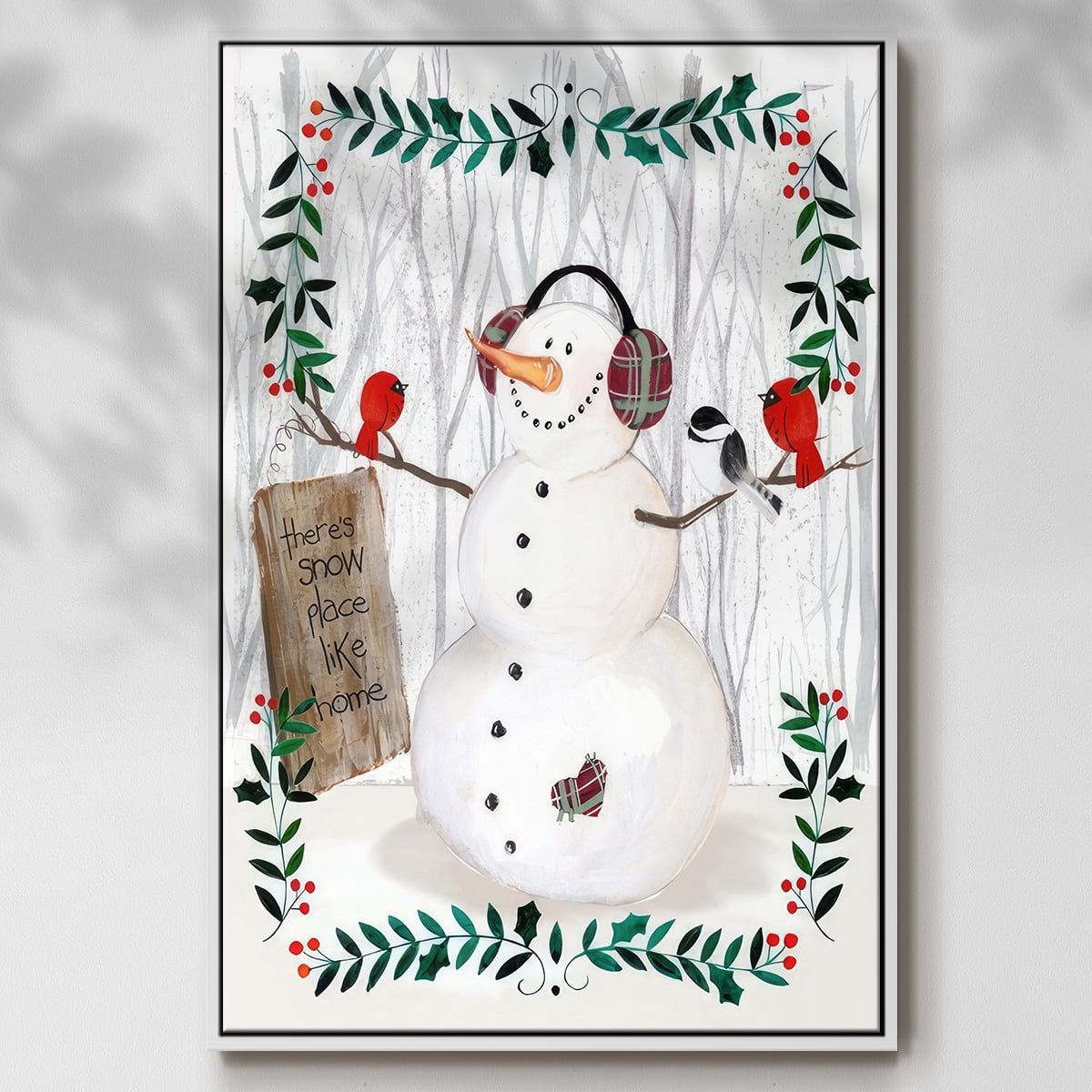 Folk Snowman Forest II - Framed Gallery Wrapped Holiday Canvas - 25 x 37 - White Frame