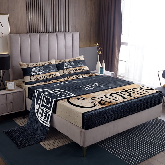 Erosebridal Cartoon Car Sheet Set Twin,Happy Camping Bedding Sets Twin Size,Lodge Cabin Twin Sheet Sets,Breathable Boys Bedroom Decor,3pcs