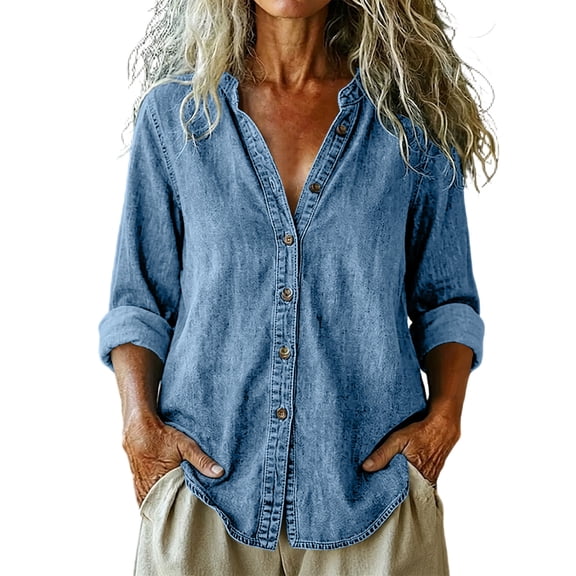 Edvintorg Button Up Shirt Women Loose Long Sleeve Casual Lightweight Denim Top Fall Clothes Women Blue L