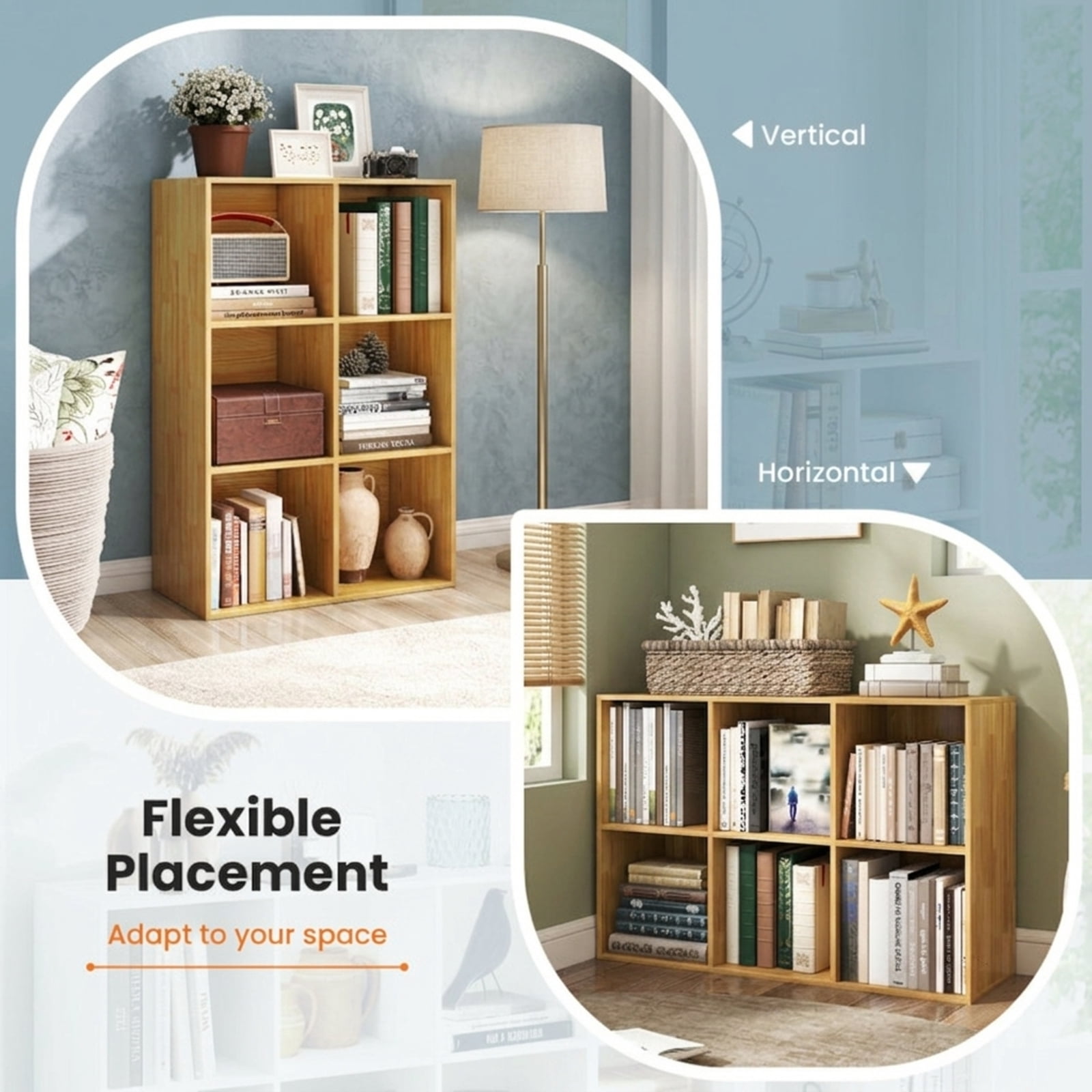 Furnibear Modern 6-Cube Bookcase Freestanding Storage Bookshelf with Anti-Tipping Kits for Bedroom and Living Room, Natural
