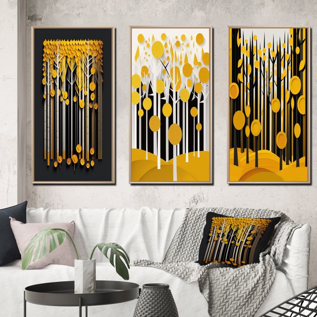 Designart "Quill Minimalism Abstract Yellow Forest I" Landscape Trees Framed Wall Art Set Of 3 - Yellow Trees Frame Canvas Set For Living Room Decor