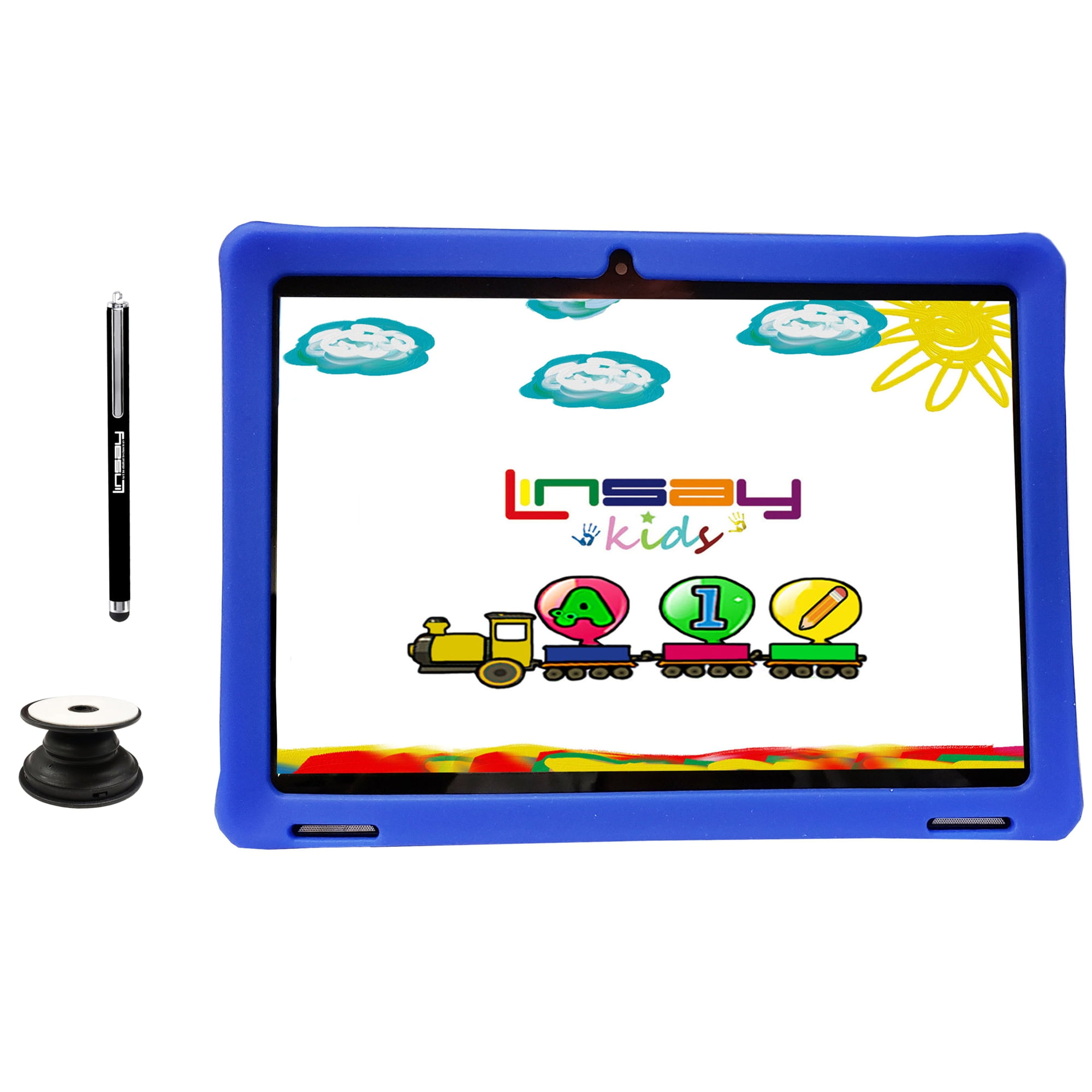 Linsay 10.1 Inch Kids Tablets 2GB RAM 32GB Android 12 Wi-Fi, Camera, Apps, Games, Learning Tab for Children with Blue Kid Defender Case, Pop Holder and Pen Stylus