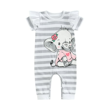 

Calsunbaby Newborn Infants Baby Girl Striped Pattern Bodysuit Short Sleeve Lovely Elephant Romper Round Neck One-Piece Clothes