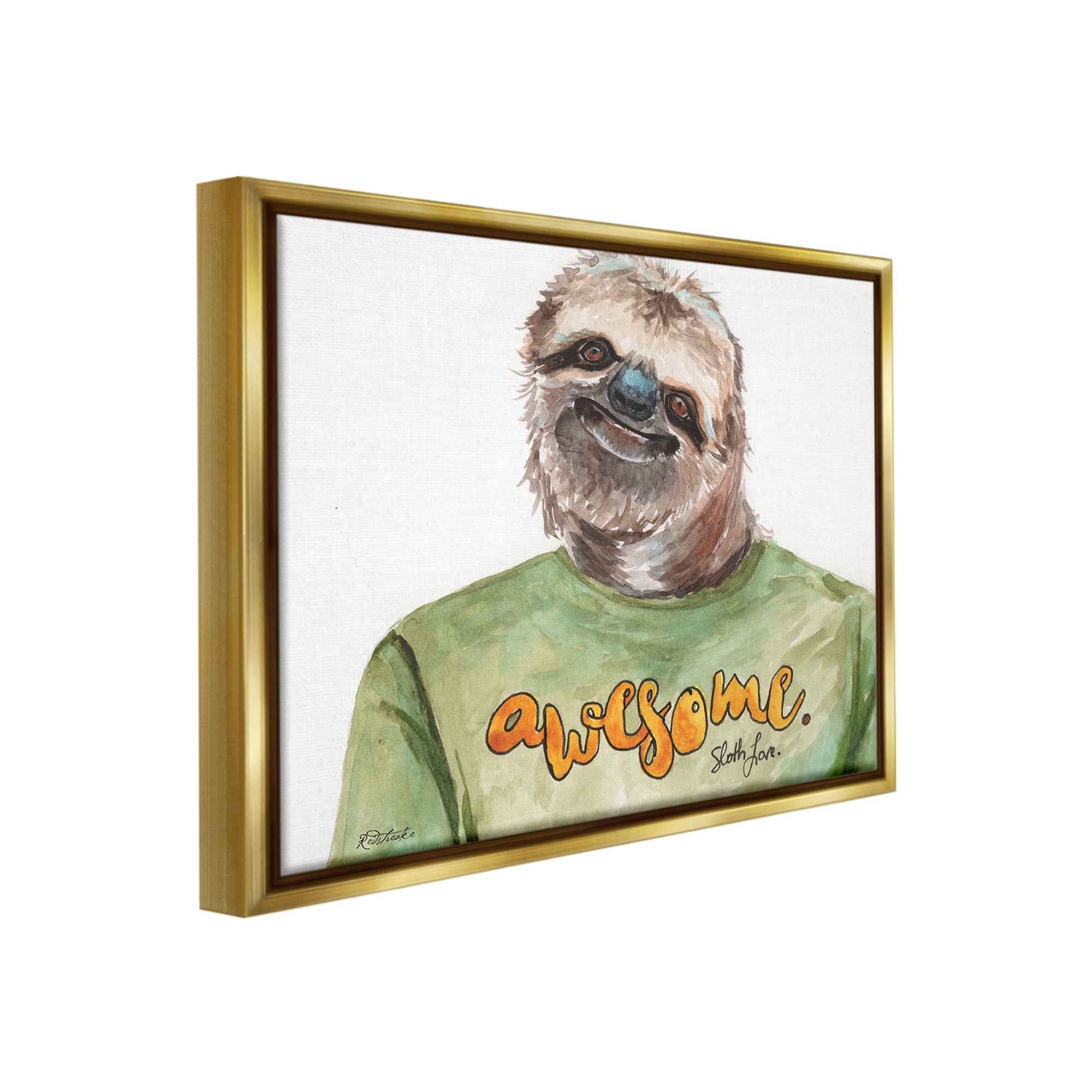 Stupell Industries Sloth with Awesome Shirt Animals & Insects Painting Gold Floater Framed Canvas Art Print Wall Art, 31 x 25