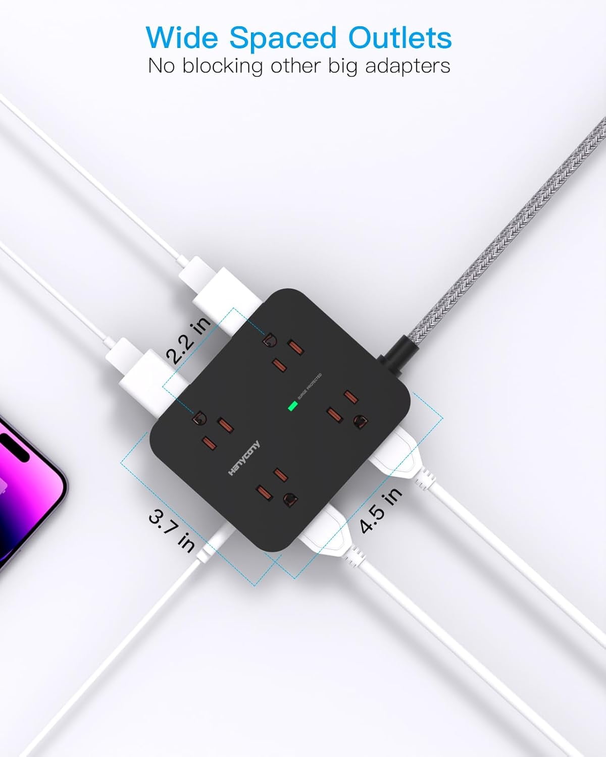 HearthHarmony Power Strip Surge Protector 8 Outlets with 4 USB Charging Ports(2 USB C), 3 Side Outlet Extender with 5 Ft Extension Cord Flat Plug Wall Mount Desk Charging Station for Home Office ETL
