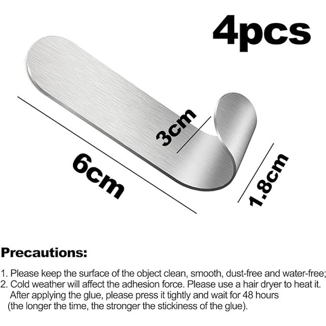 4 ganchos adhesivos de acero inoxidable, ganchos autoadhesivos para toallas, llaves, hogar, cocina, baño, resistentes al óxido e impermeables (6*1,8*3 cm)