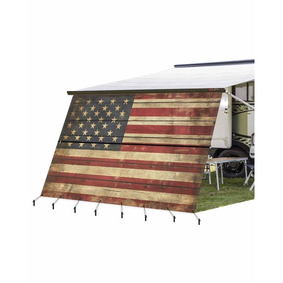 4th of July RV Awning Sun Shade Screen 9'X15.3' USA Flag Mesh Sunscreen Vintage Wood Grain Stripes Awning Shade Screen with Zipper UV Blocker Completed Kits for RV Motorhome Camper Trailer