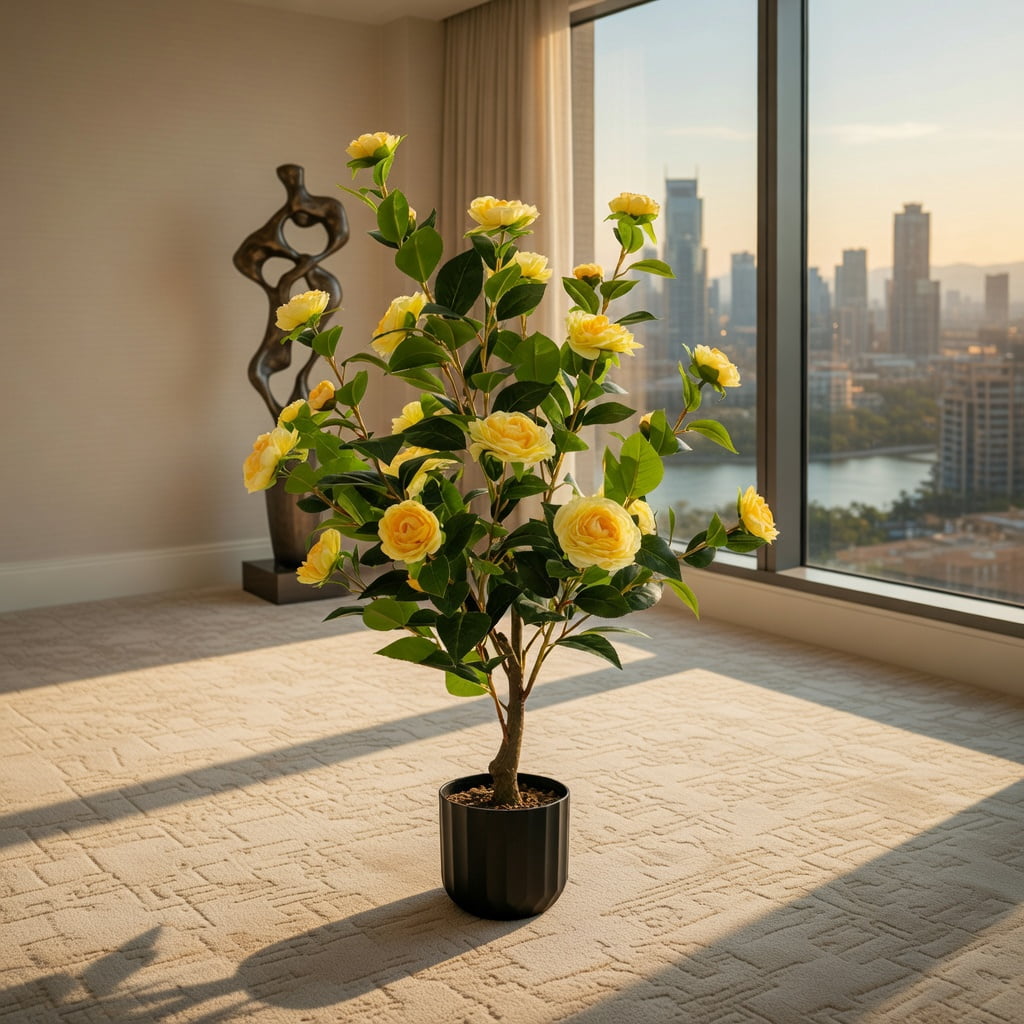 Spaco 38 Inch Artificial Flower Plant in Cement Pot, Artificial Camellia Tree Faux Flower Plant, Artificial Flower for Indoor and Outdoor, Yellow