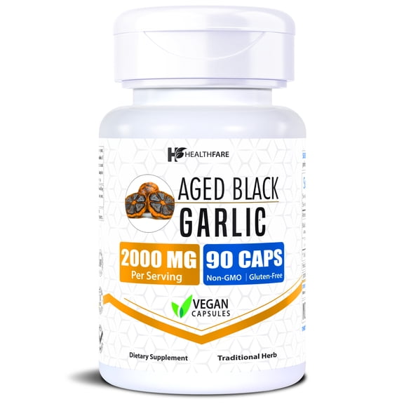 HealthFare Aged Black Garlic Supplement Pills | 2000mg Equivalent | 90 Vegan Capsules | Fermented Odorless Garlic Extract | High Potency Antioxidant Supplement | Non-GMO, Gluten-Free | Made in USA