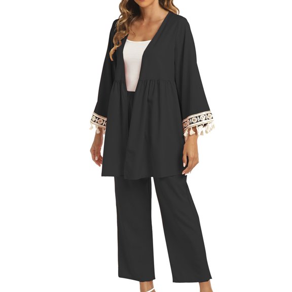 Likimi Two Piece Sets For Women Solid Color 3/4 Sleeve Coat With Pants Loose Fit Casual Outfit Set Black Size M