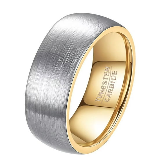 PAMTIER Men's Personality Hip Hop 8MM Domed Tungsten Carbide Wedding Ring Matching Set for Couple Matte Brushed Finish Comfort Fit Gold Size 6