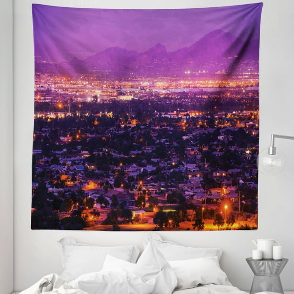 Arizona Tapestry, Dramatic Phoenix Skyline Suburbs at Night Western Urban City Panorama, Fabric Wall Hanging Decor for Bedroom Living Room Dorm, 5 Sizes, Violet and Multicolor, by Ambesonne