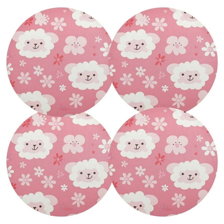 

Cute Sheep Cartoon Flowers PVC Round Grid Placemat Table Mat Set 4 Pcs for Kitchen Dining Room 15.4 x 15.4