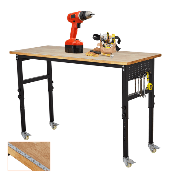 Heavy Duty Adjustable Workbench with Power Outlet – 48 Inch Rubber Wood Top, 2000 lbs Load, Pegboard, Hooks, Ruler, Mobile Wheels, Height 29"-40", Garage & Workshop Table