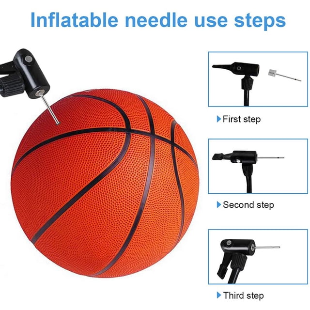 30 piezas de aguja para inflar balones con caja de almacenamiento, aguja para inflar con aire para fútbol, baloncesto, fútbol, voleibol y deportes de pelota, con aguja metálica plateada (longitud especificada 38 mm) insertada en un balón de baloncesto naranja, vista frontal en primer plano y miniaturas a la derecha que muestran los tres pasos de conexión a la bomba para inflado rápido; el set en caja colgante es adecuado para llevar en viajes deportivos.