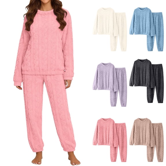 NominalSnug Fuzzy Fleece Pajamas Sets for Women Long Sleeve Crewneck Tops Long Pants Winter Warm Thicken Sleepwear