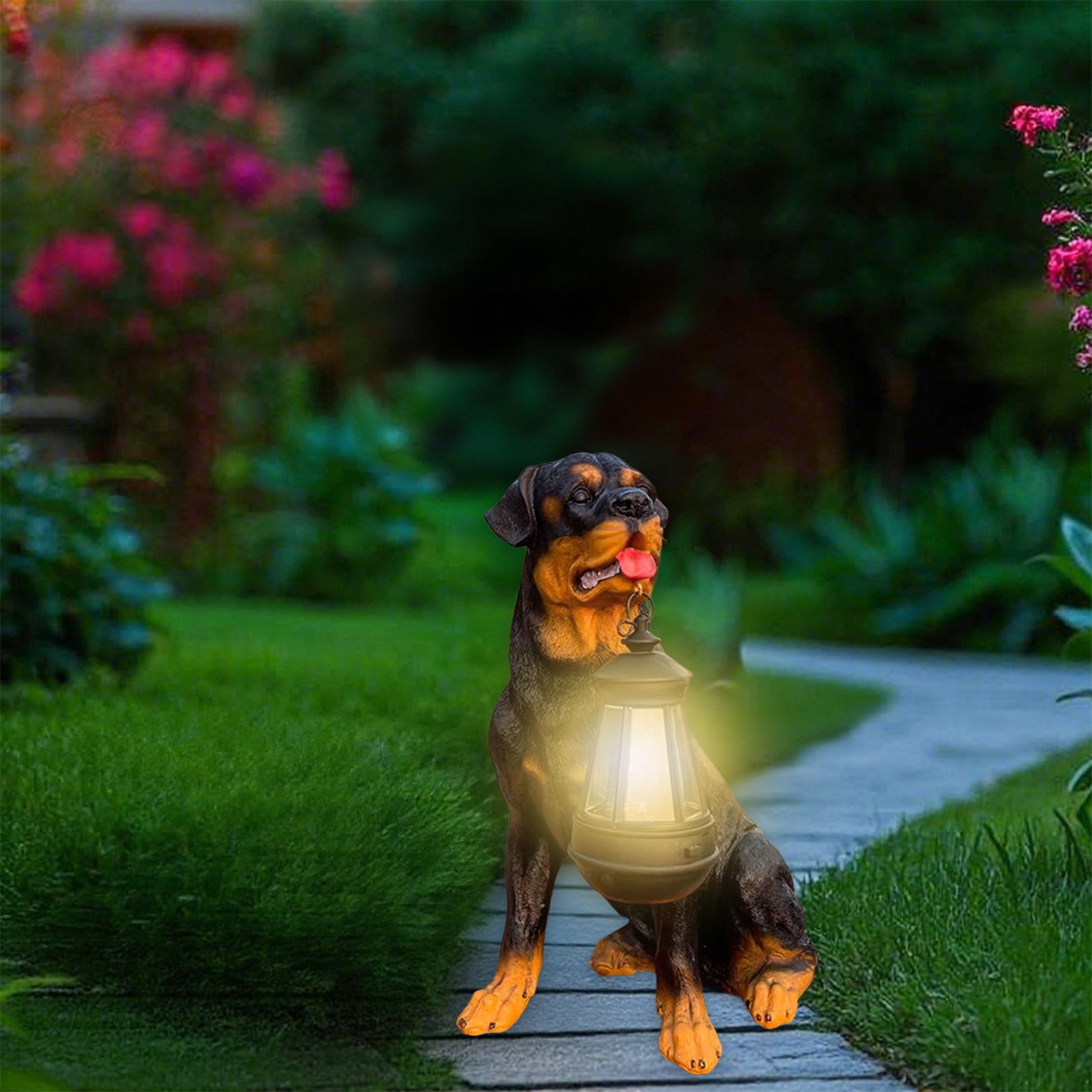 Sylchomon Solar Powered Dog Statue LED Light Outdoor Garden Decor Rechargeable Resin Yard Ornament Weatherproof Hanging Lantern Pet Design