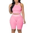 thumbnail image 2 of Athletic Outfit Sets 2 Piece Women Solid Ribbed Racerback Crop Tank High Waist Biker Shorts Pink S, 2 of 5