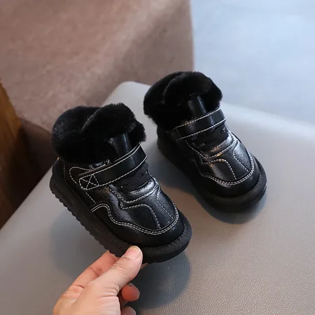 

2023 Winter Snow Boots for Girls PU Leather Plush Warm Cotton Shoes Anti-slippery Soft-soled Velvet Soft Winter Footwear for Kid (black 26 16CM)