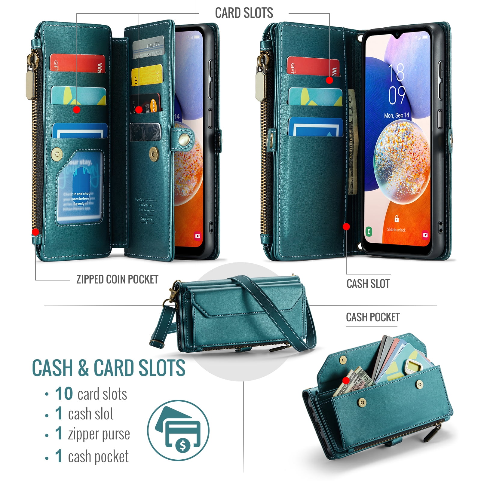 Asuwish Compatible with Samsung Galaxy A15 5G/4G Zipper Wallet Phone Case Tempered Glass Screen Protector Crossbody Lanyard Strap Flip Card Holder Slot Cell Cover for A 15 G5 15A Women Girls Green