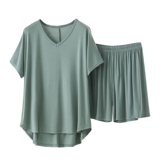 Plus Size Pajama Sets for Women 2 Piece Sleepwear Sets V-Neck Summer Loose Short Sleeve Top Wide Leg Shorts Home Wear Two Piece Set