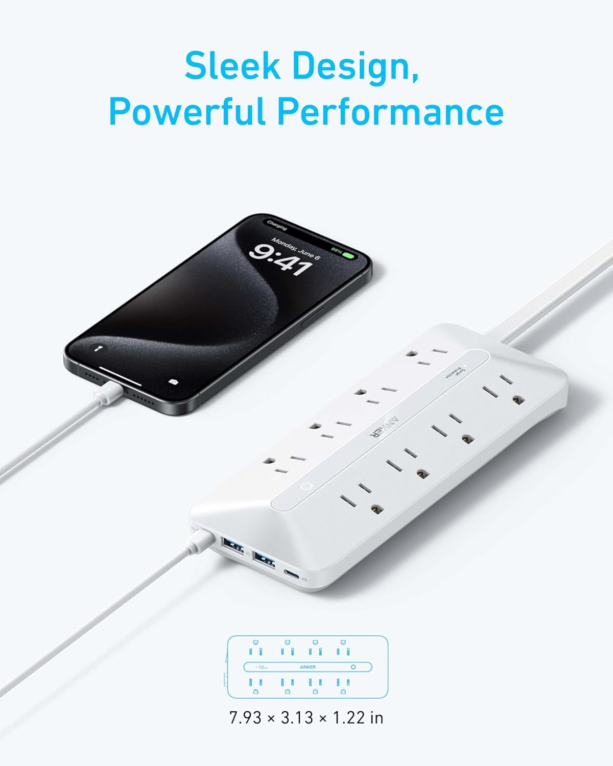 Anker Flat Plug Power Strip, 12-in-1 USB-C Power Strip with 8 AC, 2 USB-C, and 2 USB-A Ports, 5 feet Extension Cord, 35W Max