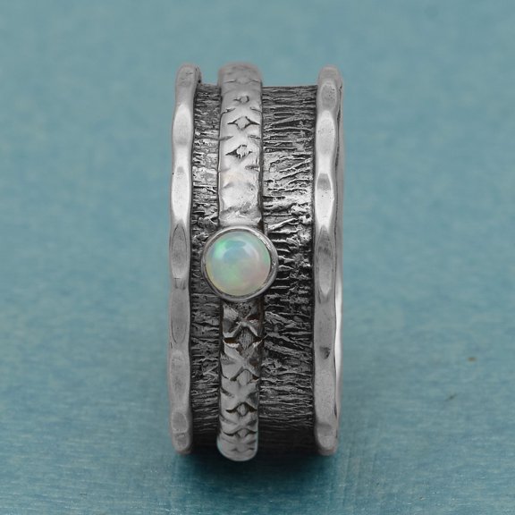 Spinner Ring 3MM Round Opal Fidget Hammered 925 Silver women Band