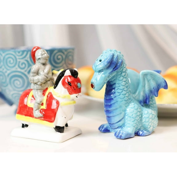 Ceramic Saint George The Knight And Blue Dragon Salt Pepper Shakers Figurine Set