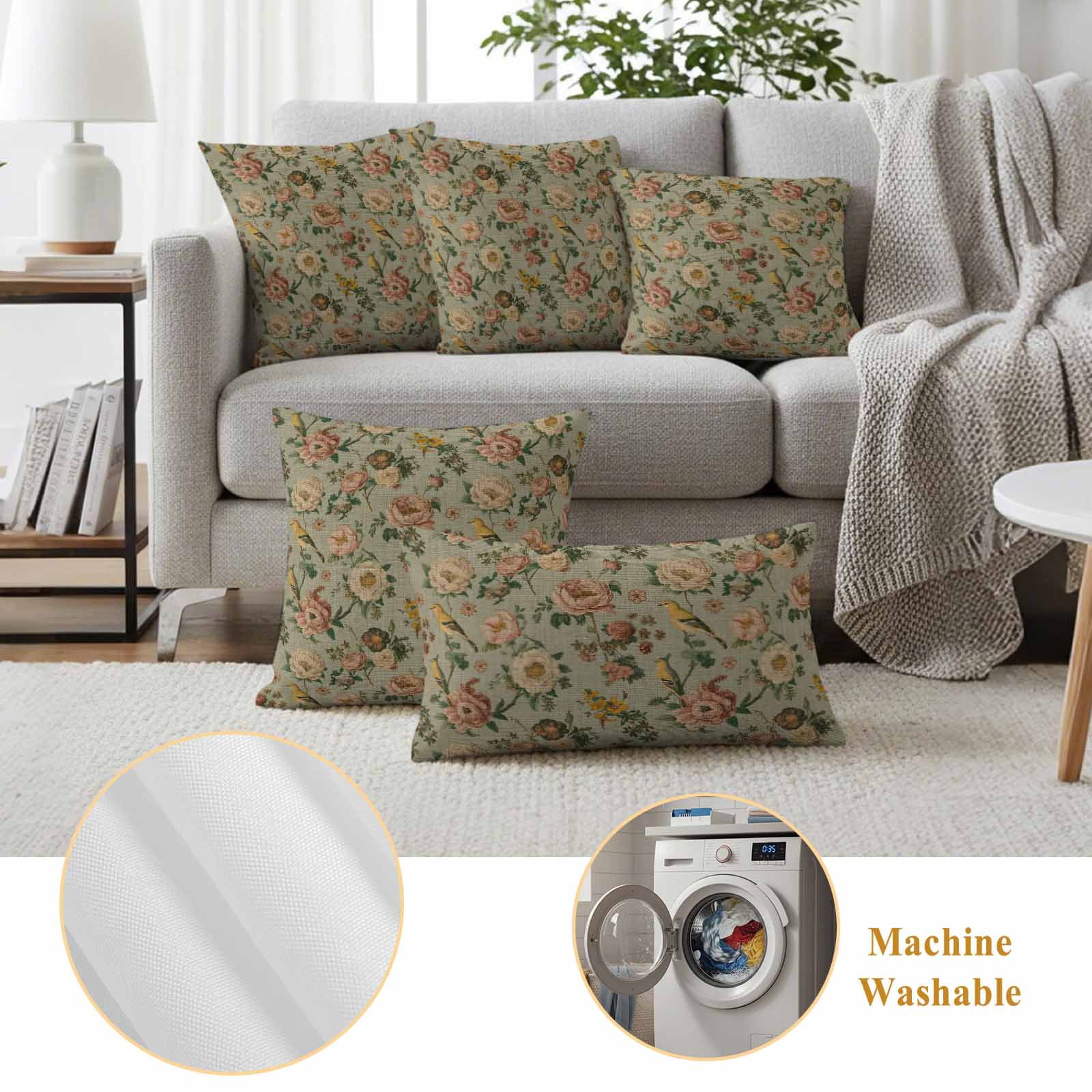 Vintage Spring Floral Outdoor Waterproof Pillow Covers, Farmhouse Flowers Green Vintage Decorative Square Throw Pillowcase Sofa Cushion Sham for Patio/Couch/Chair, 16"x16" 2 Pack
