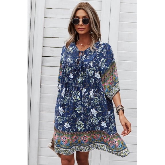 Miss Sparkling Womens Floral Print Short Sleeve Babydoll Maxi Dress Casual Loose Flowy Summer Long Dress-S