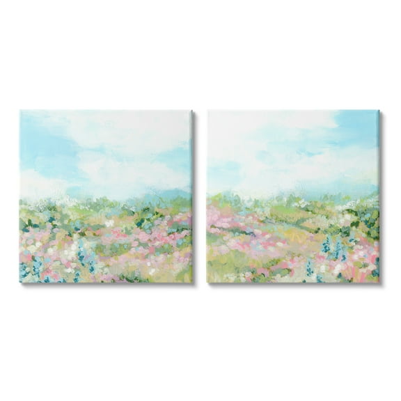 Stupell Industries Abstract Cottage Meadow Landscape Painting Gallery Wrapped Canvas Art Print Wall Art, 17 x 17, Set of 2