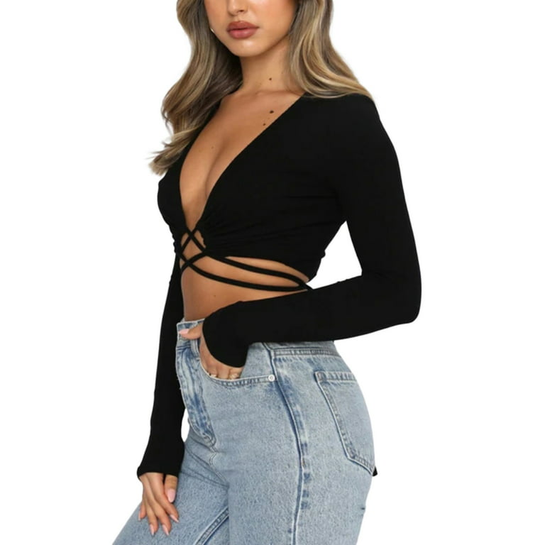 CLOZOZ Long Sleeve Crop Tops for Women Tie Front V Neck Womens Sexy Tops  Trendy Going Out Tops for Women Black at  Women's Clothing store