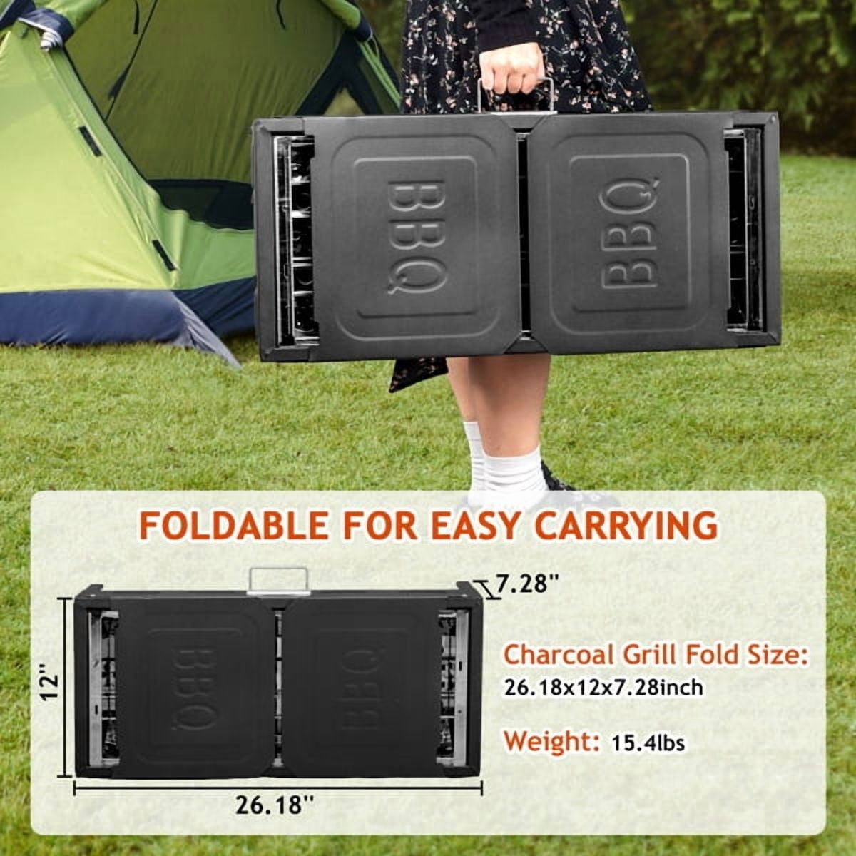 Alvantor Portable Foldable Charcoal Grill, Outdoor Kabob BBQ Grill with 2 in 1 Griddle, Side Trays and Carry Bag, Black