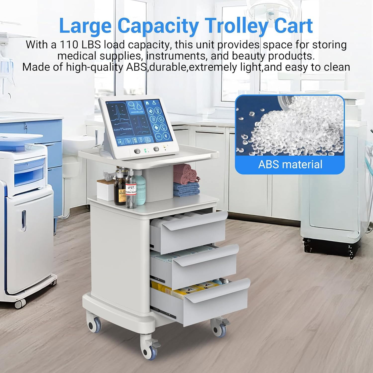 Joreek Mobile Ultrasound Cart with Wheels Medical Cart with 3 Drawers Ultrasound Imaging Scanner Vehicle Rolling Utility for Hospital Office Salon