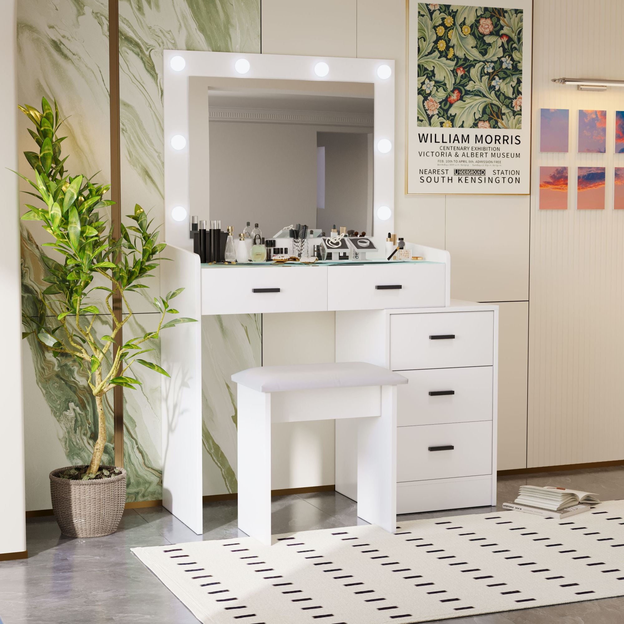 White Vanity Table Adjustable Dressing Table with 4 Drawers