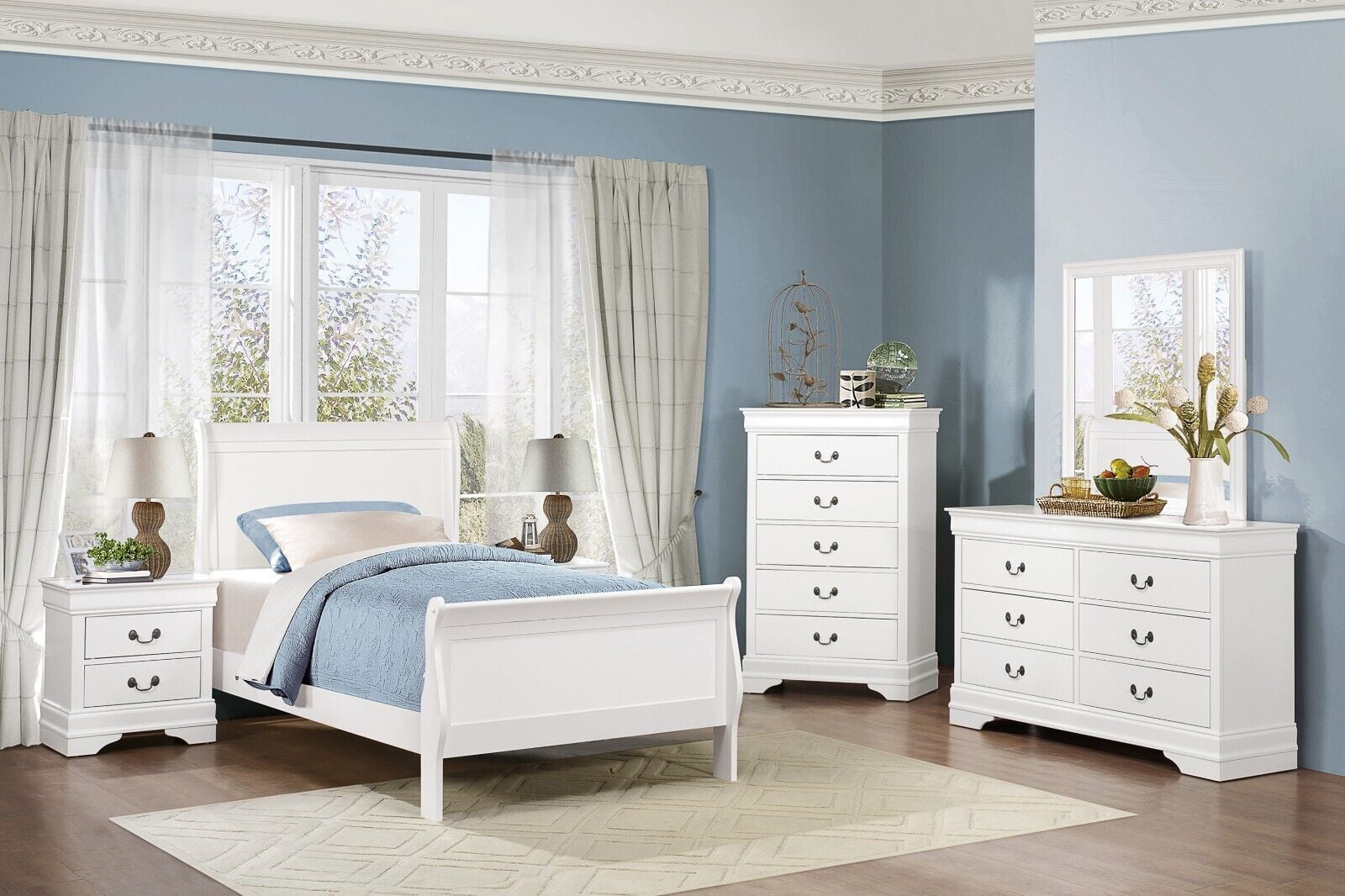 Traditional White Bedroom 5pc Set Twin Bed Dresser Mirror Nightstand