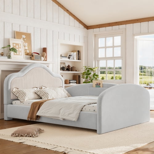 Full Size Upholstered Kids Floor Bed with Curved Headboard, Safety Side Rails & Storage Pocket, Low Profile Playhouse Bed, Light Gray