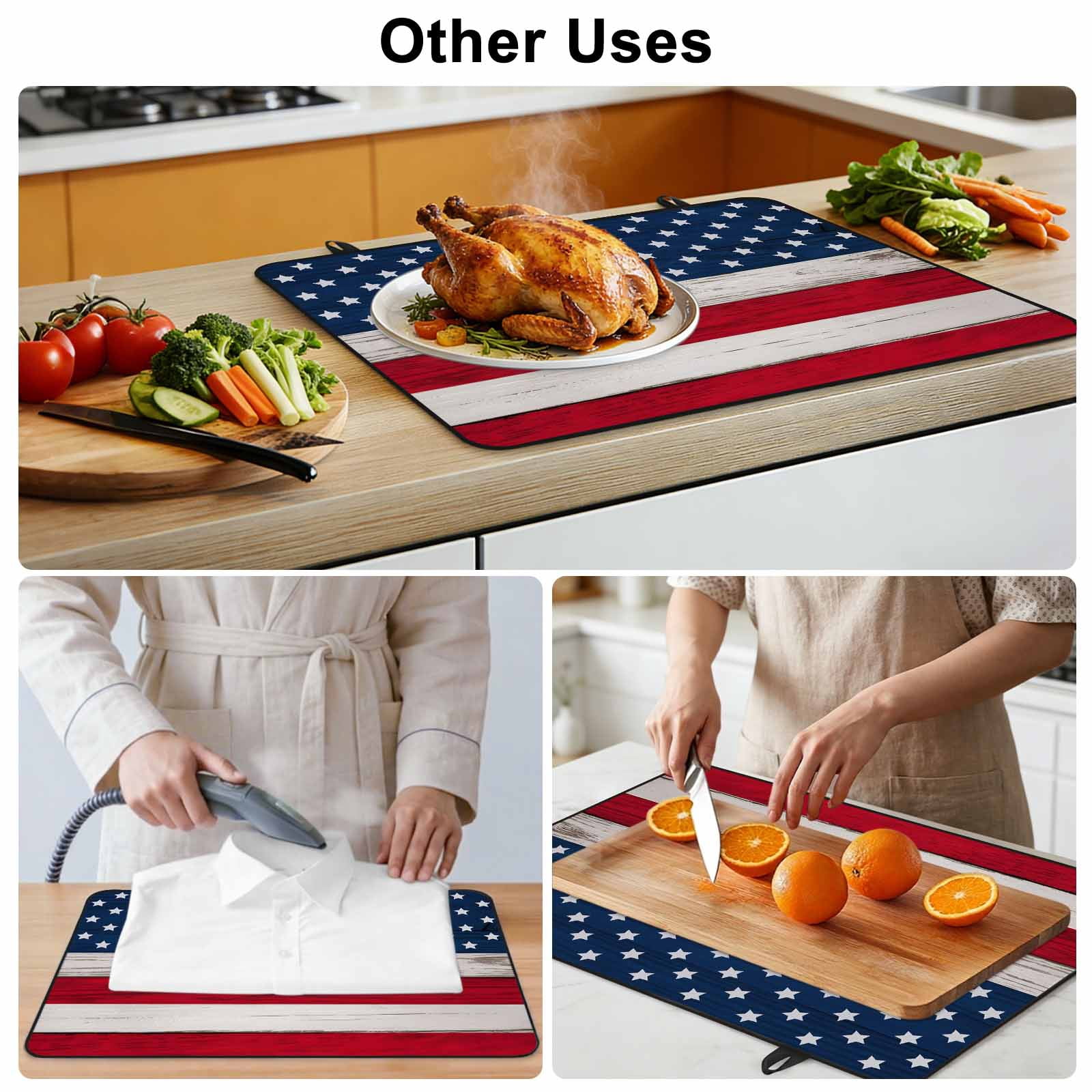 Wooden American Flag Stove Top Cover for Electric Stove, Heat-proof & Non Slip Glass Top Stove Cover Protector, Independence Day Star Striped Flag Kitchen Flat Cooktop Rubber Mat 24x21 Inches