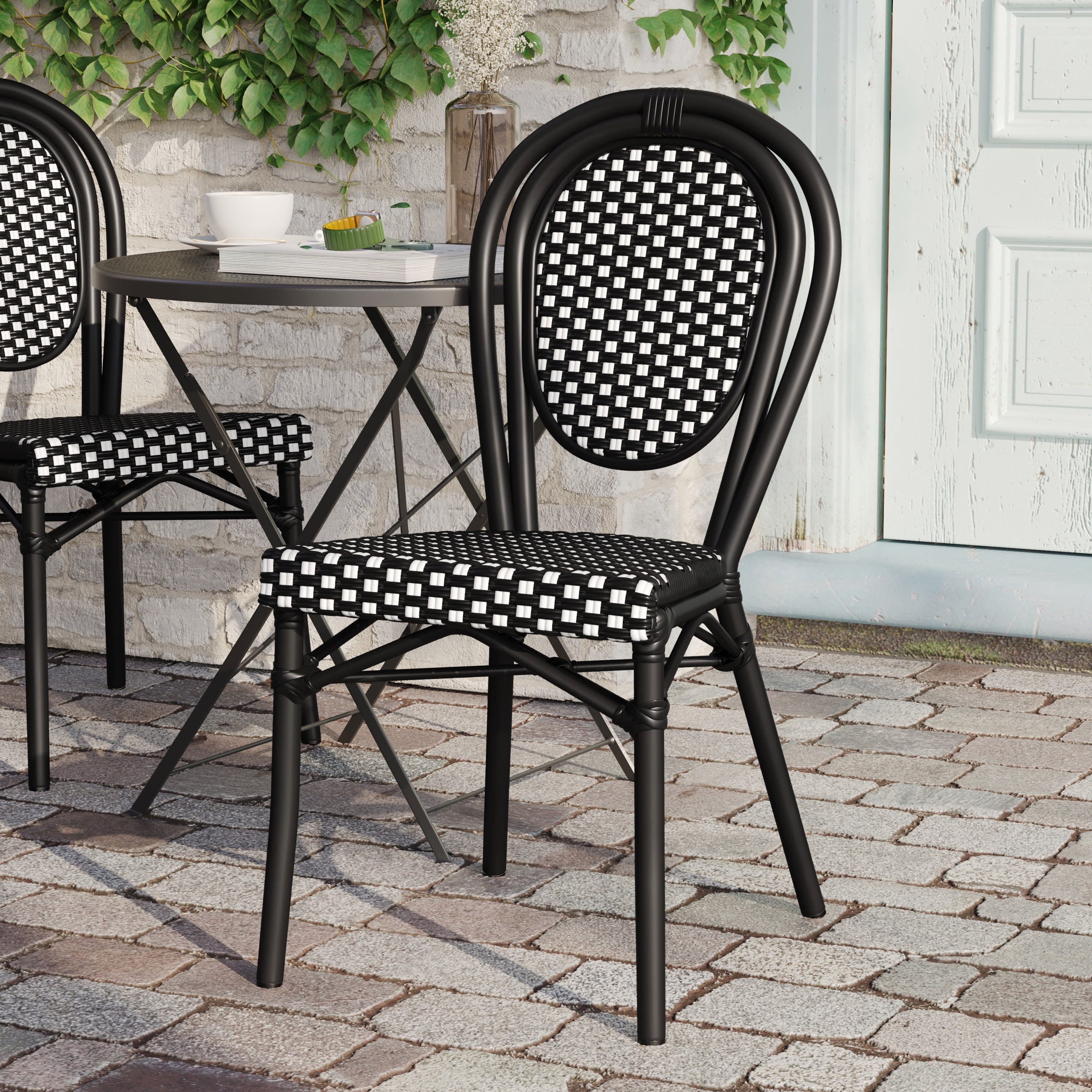 Flash Furniture Lourdes Indoor/Outdoor French Bistro Stacking Chair Black/White (SDA6422SBKWBK)