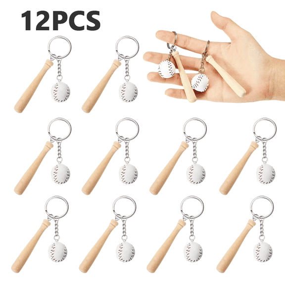 12 Pcs Mini Baseball Keychains Set, Wooden Bat and Stitched Ball Keyring, Sports Theme Party Favors, Baseball Accessories for Team Gifts Athlete Souvenirs Backpack Decoration