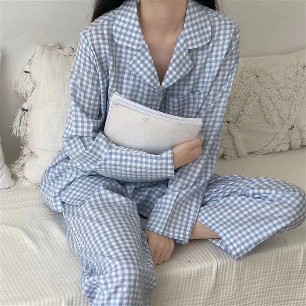 Conjunto de pijama a cuadros para mujer, ropa de dormir de manga larga, pantalones Piiama, traje coreano de 2 piezas, ropa de noche con botón de bolsillo, ropa de casa, Otoño, nuevo