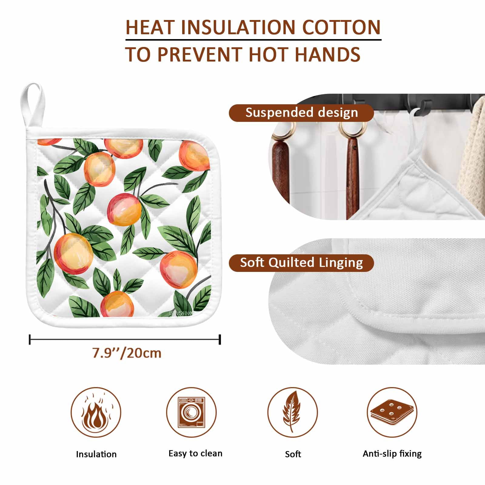 Summer Fruits Pot Holders for Kitchen Heatproof Potholder, 5 Pack Spring Orange Peach Green Botanical Hot Pads Multipurpose Oven Pads Cloth Potholders Trivet for Cooking Baking